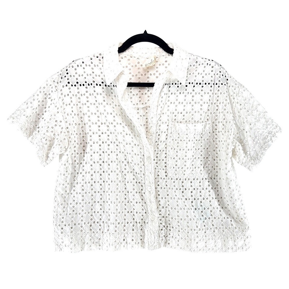 White Eyelet Cropped Button Up Shirt M Cottagecore Boho 90s Soft Girl Coquette